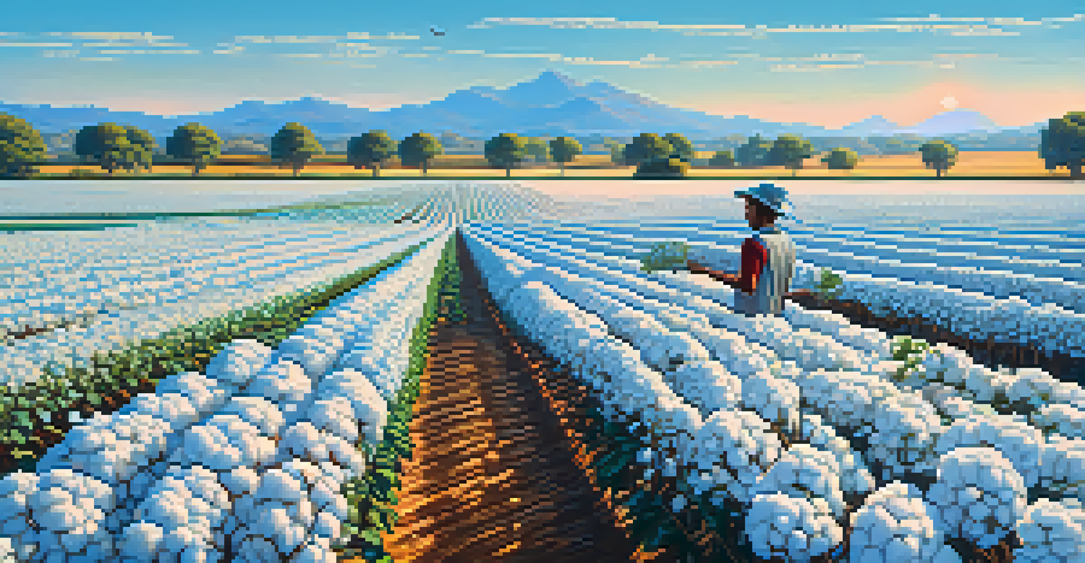 A cotton field with a farmer inspecting the crops, with a digital overlay representing blockchain data for ethical sourcing.