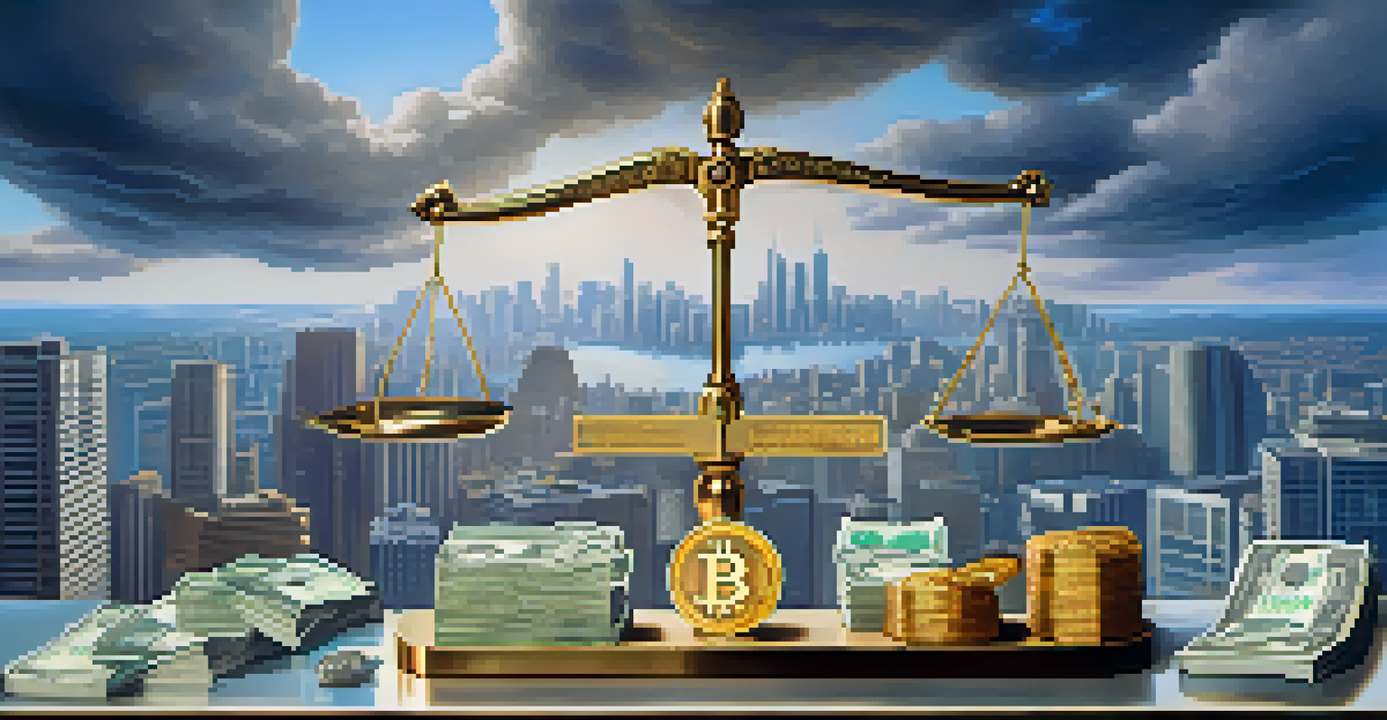 A balance scale with national currencies on one side and a Bitcoin on the other, set against a blurred financial district background.