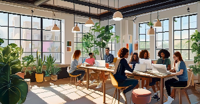 A modern workspace with diverse freelancers collaborating, surrounded by sunlight and greenery.