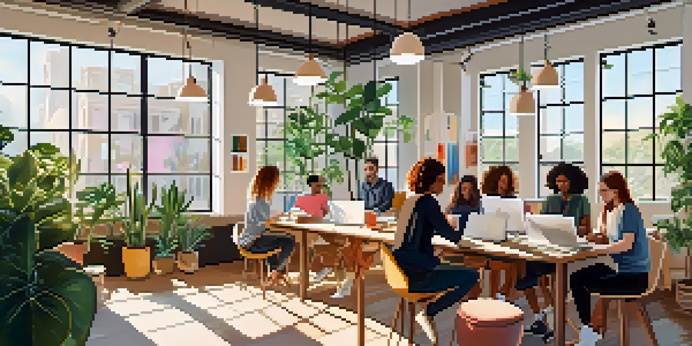 A modern workspace with diverse freelancers collaborating, surrounded by sunlight and greenery.