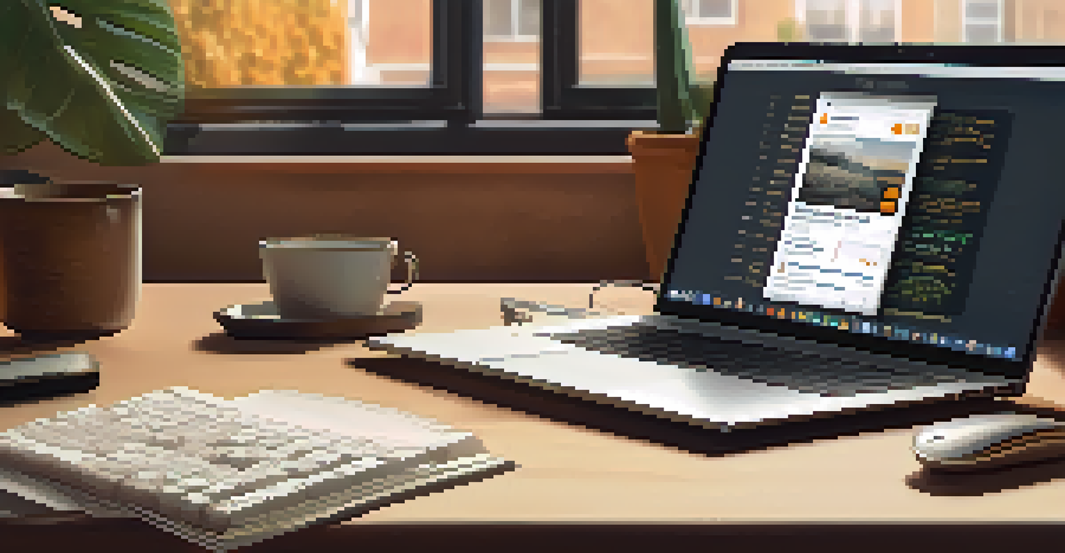 Close-up of hands typing on a laptop with a Bitcoin wallet application, in a cozy home office setting.