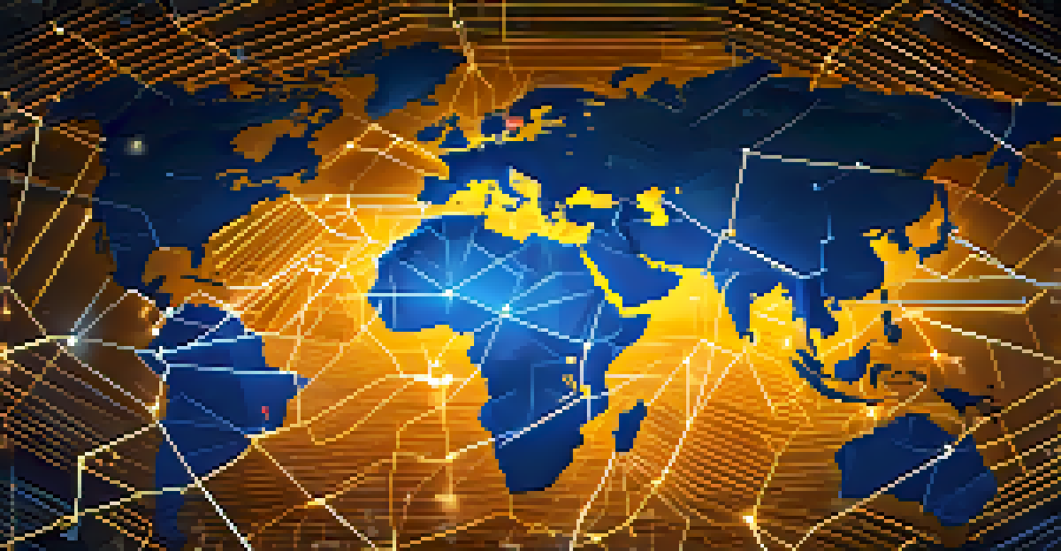 A digital map of countries connected by glowing lines, representing international cooperation on cryptocurrency.