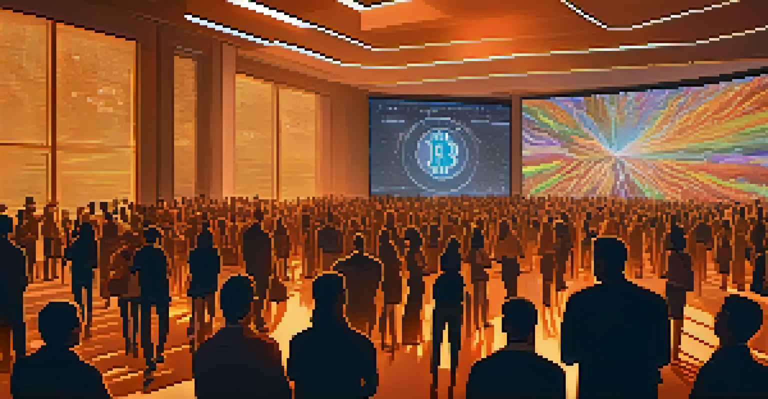 A community gathering around a screen displaying Bitcoin content, showcasing diverse individuals engaging with each other.