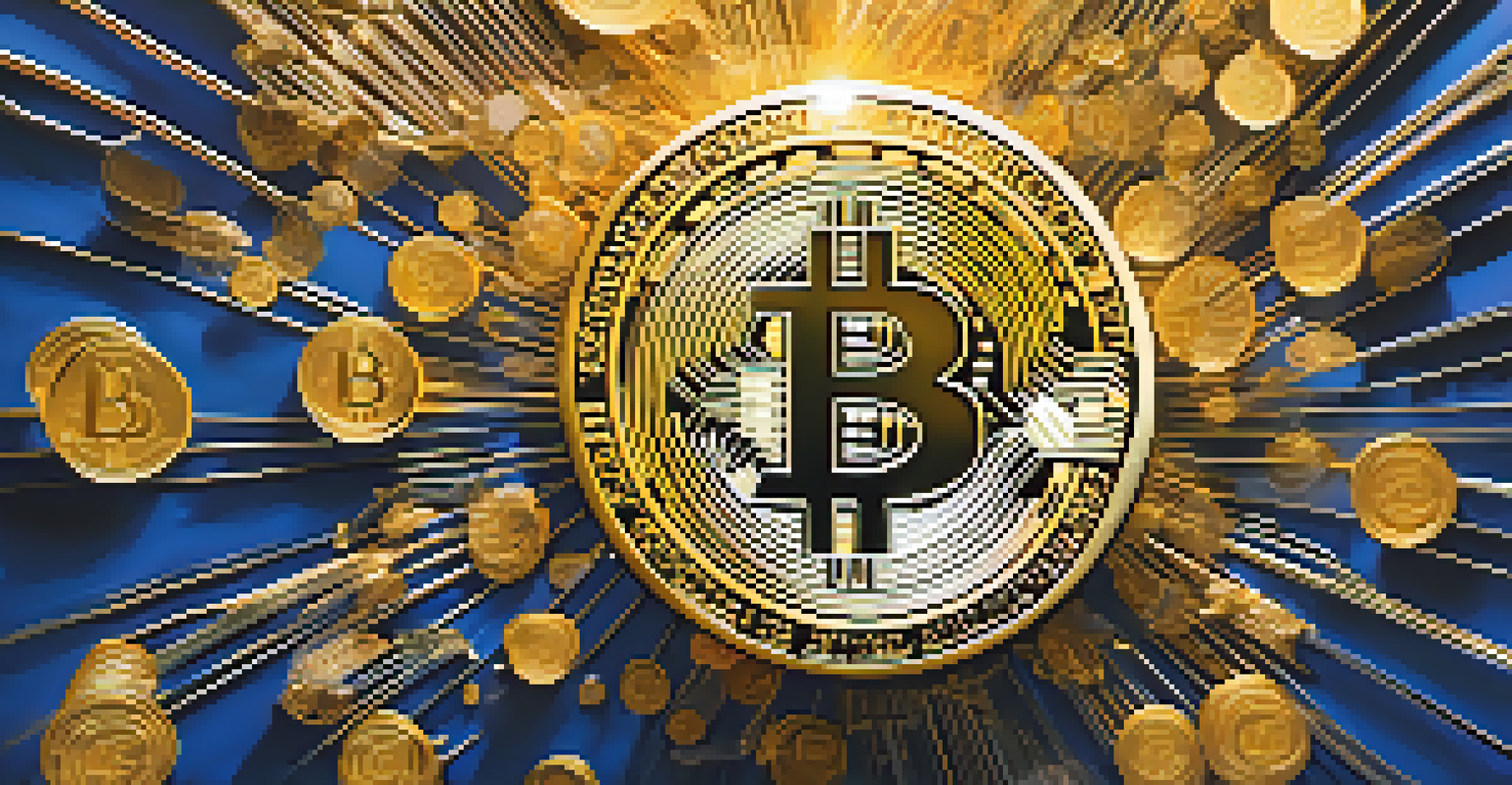 An artistic image of swirling Bitcoin coins merging into a network of lines and nodes, with a vibrant color palette.