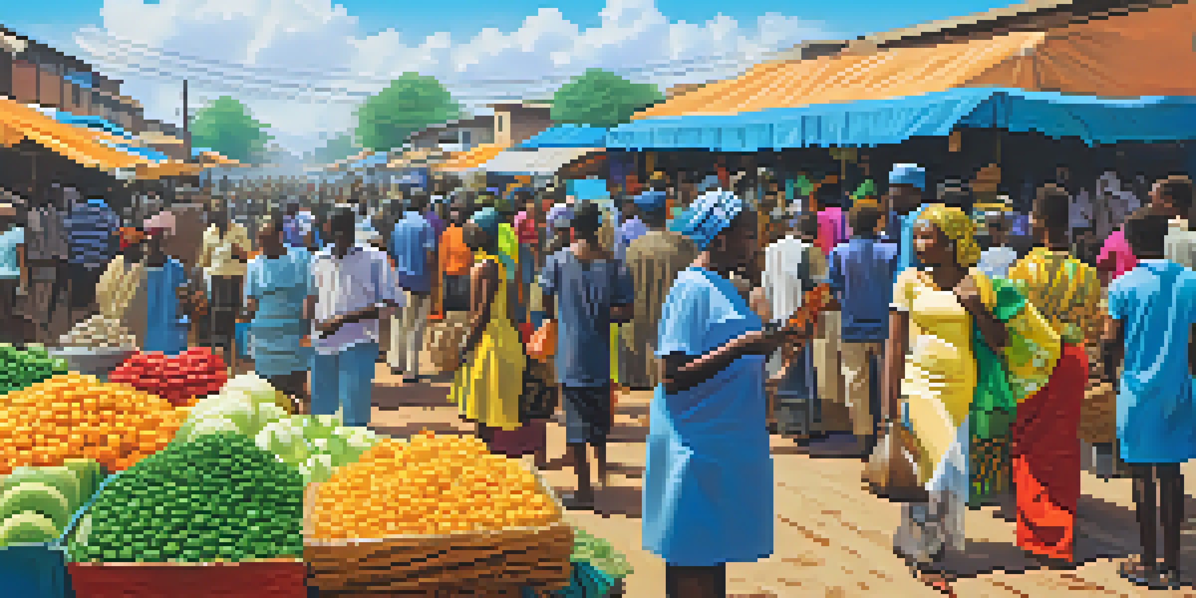 A lively market in Nigeria with young people trading Bitcoin using smartphones, surrounded by colorful stalls and fresh produce.