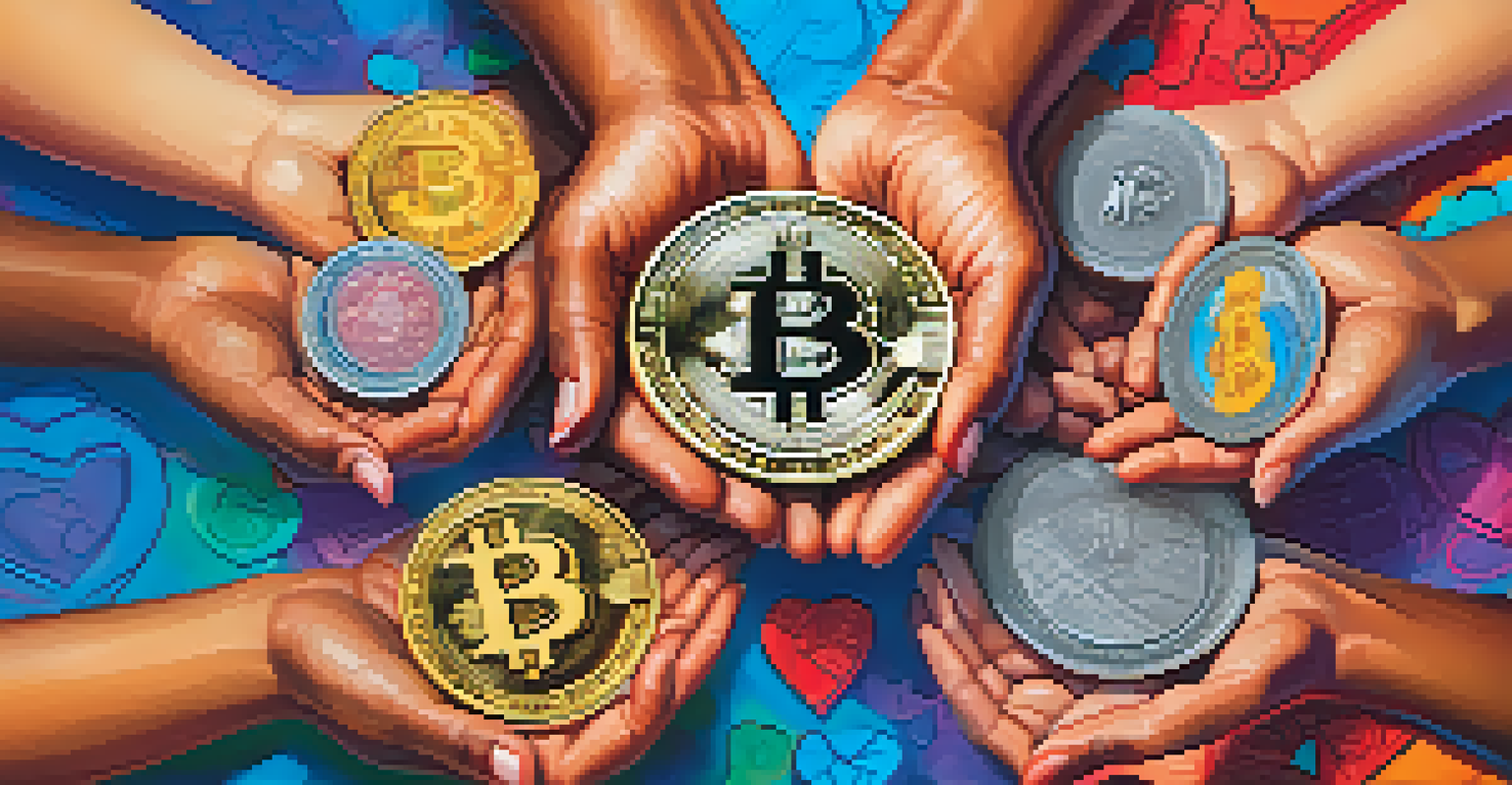 Diverse hands holding Bitcoin coins against a colorful charity-themed background.