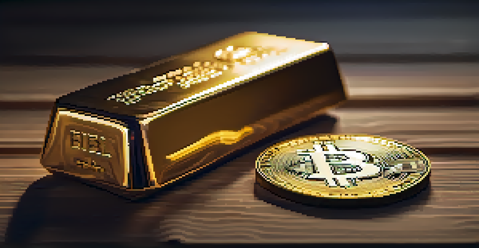 A gold bar and a Bitcoin coin on a wooden surface, showcasing their textures under soft lighting.