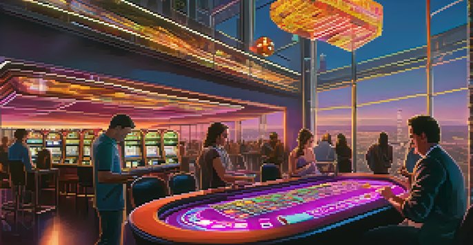 A futuristic online casino environment with neon lights and players engaging with virtual slot machines, representing Bitcoin transactions.