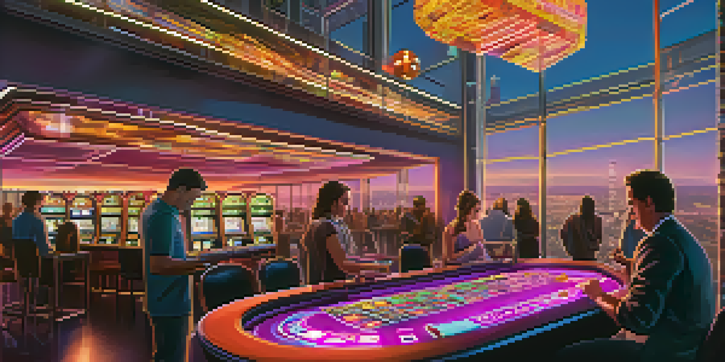 A futuristic online casino environment with neon lights and players engaging with virtual slot machines, representing Bitcoin transactions.