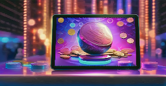 A close-up view of digital collectible art on a tablet with glowing virtual coins, set against a blue and purple gradient background.