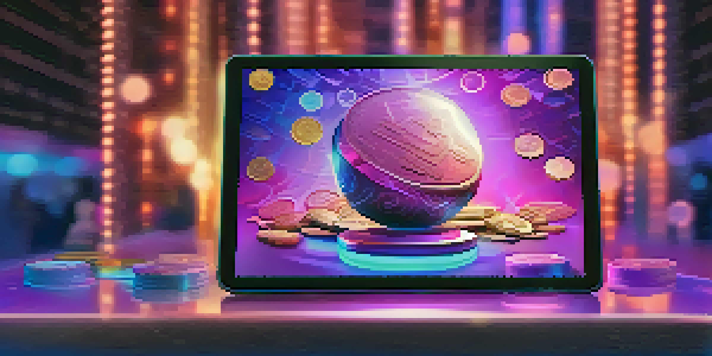 A close-up view of digital collectible art on a tablet with glowing virtual coins, set against a blue and purple gradient background.