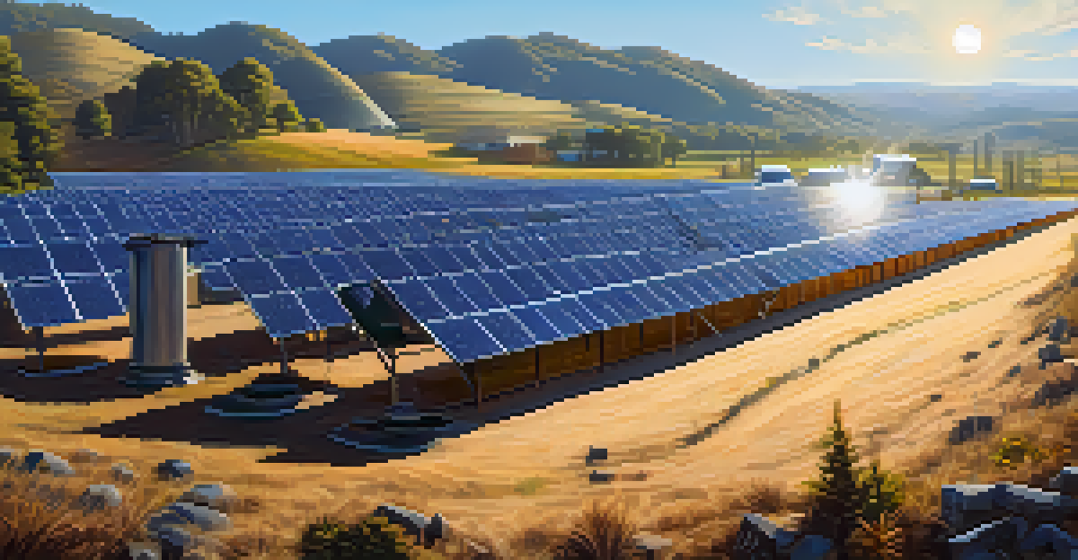 A solar-powered Bitcoin mining operation in a beautiful landscape with solar panels and hills.