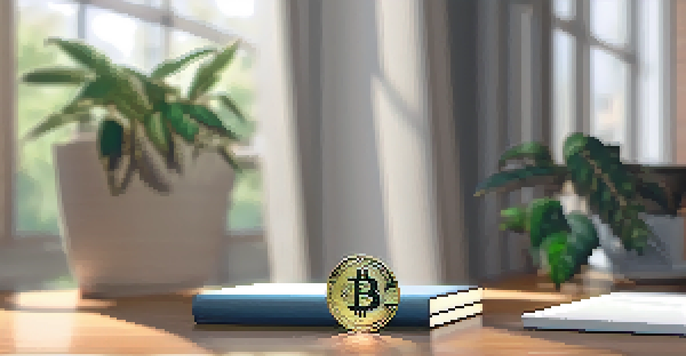 A Bitcoin coin on a wooden table with soft natural light and a blurred home office in the background.