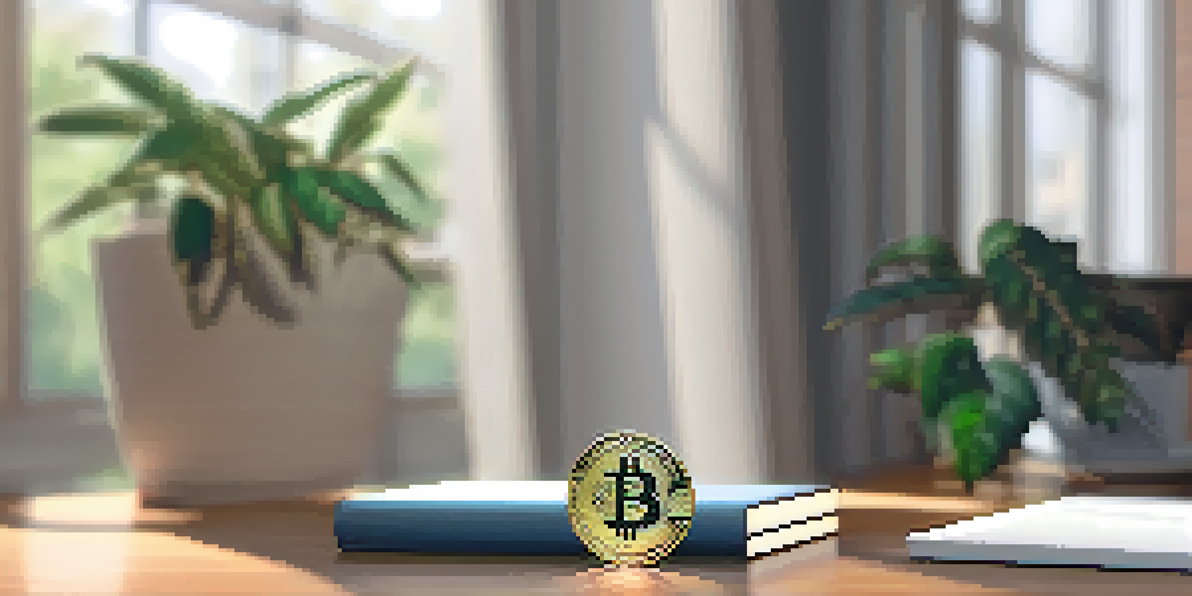 A Bitcoin coin on a wooden table with soft natural light and a blurred home office in the background.