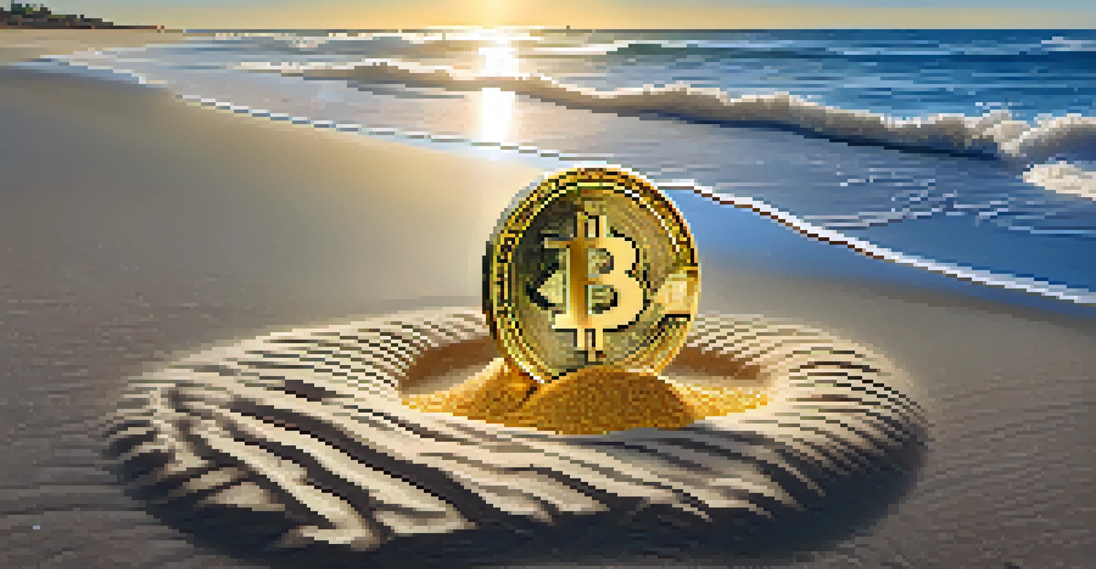 A Bitcoin coin is partially buried in golden sand on a beach, symbolizing it as digital gold.