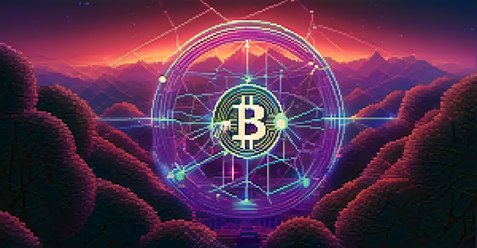 A digital landscape with a glowing Bitcoin symbol surrounded by interconnected lines and nodes, set against a gradient blue and purple background.