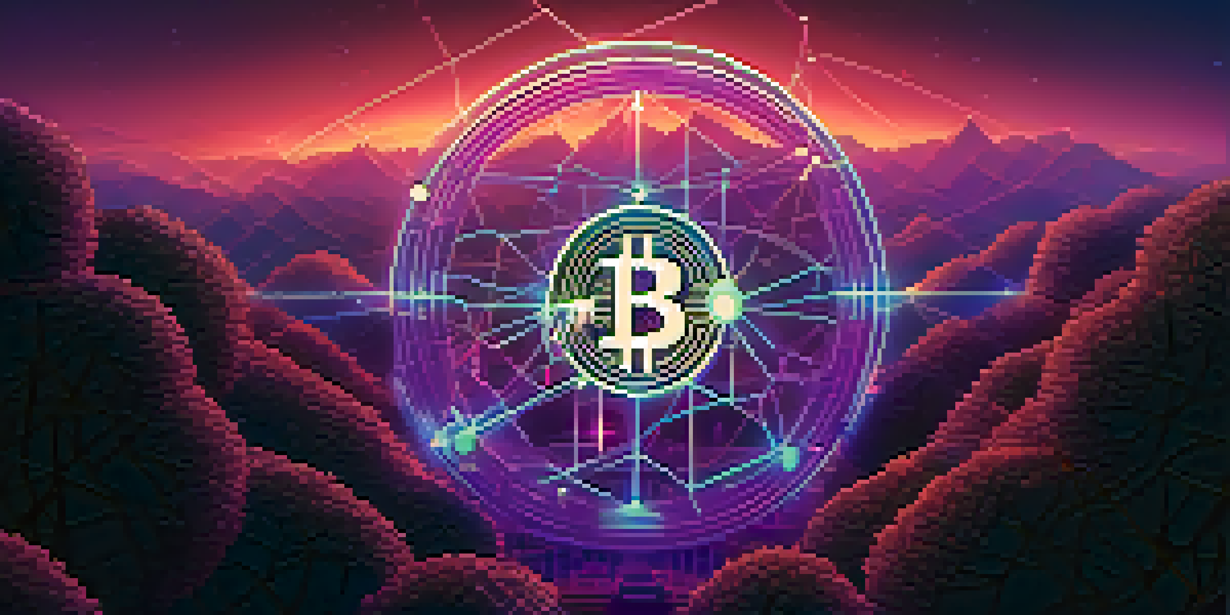 A digital landscape with a glowing Bitcoin symbol surrounded by interconnected lines and nodes, set against a gradient blue and purple background.