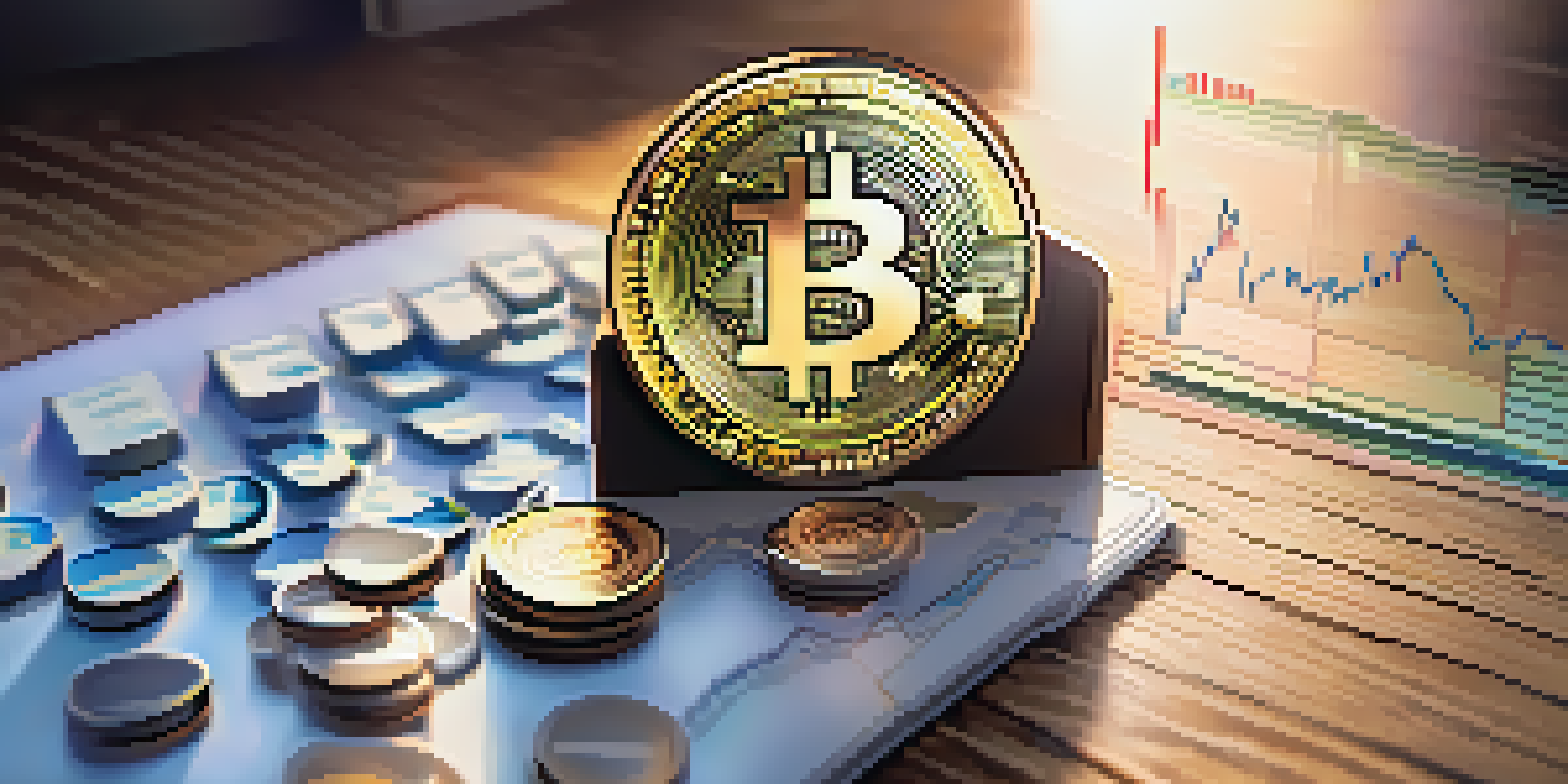 A Bitcoin coin on a wooden desk with financial charts and a laptop in the background, softly lit by natural light.