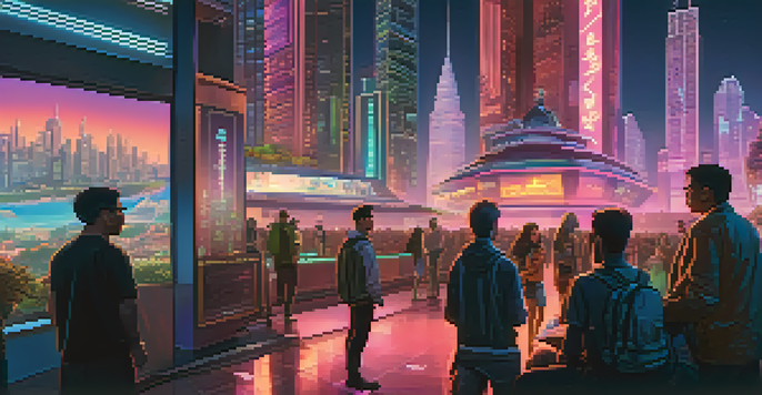 A vibrant city skyline with a mix of old and new architecture, featuring neon lights and people engaging with digital cryptocurrency information.