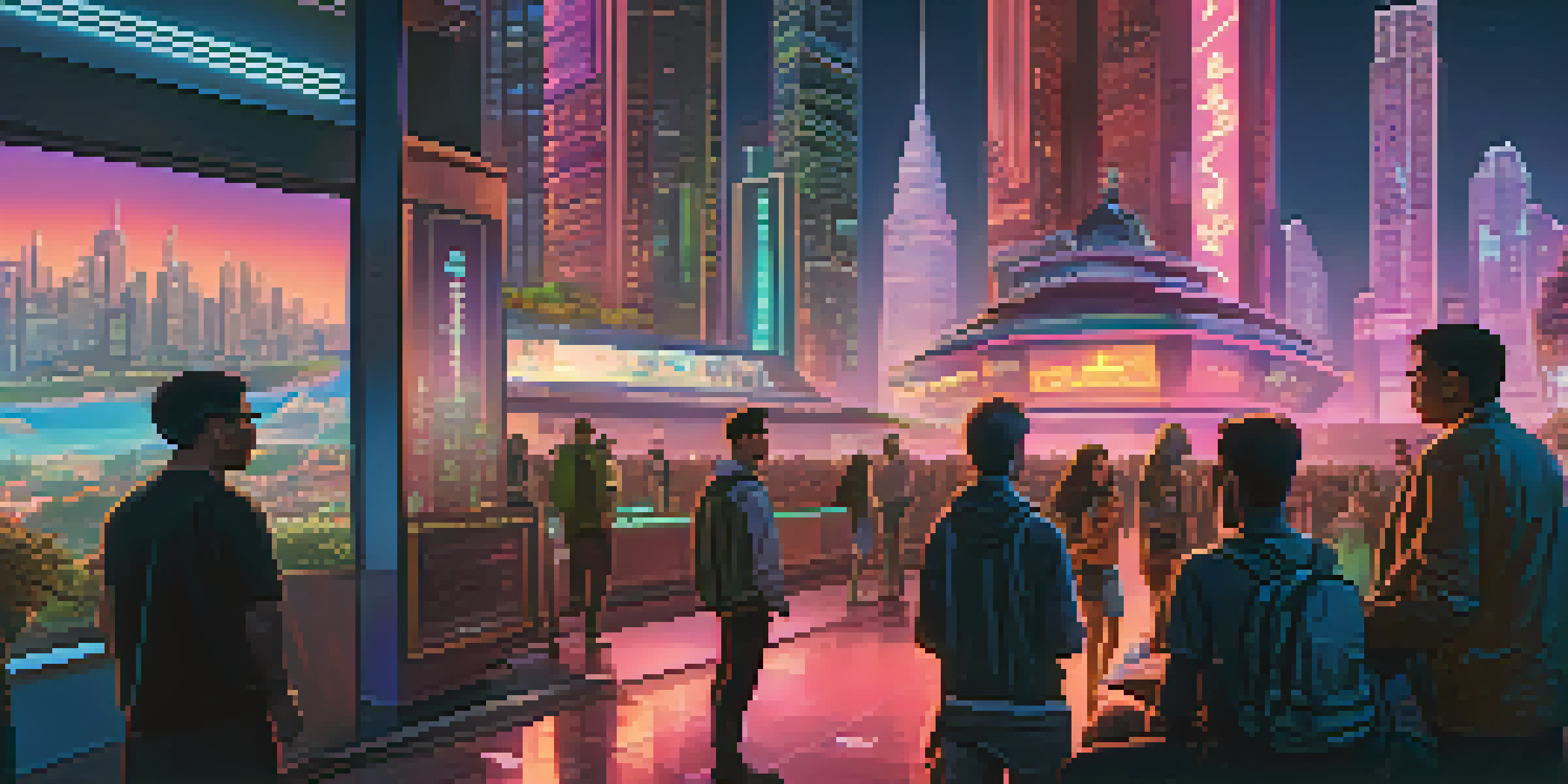 A vibrant city skyline with a mix of old and new architecture, featuring neon lights and people engaging with digital cryptocurrency information.