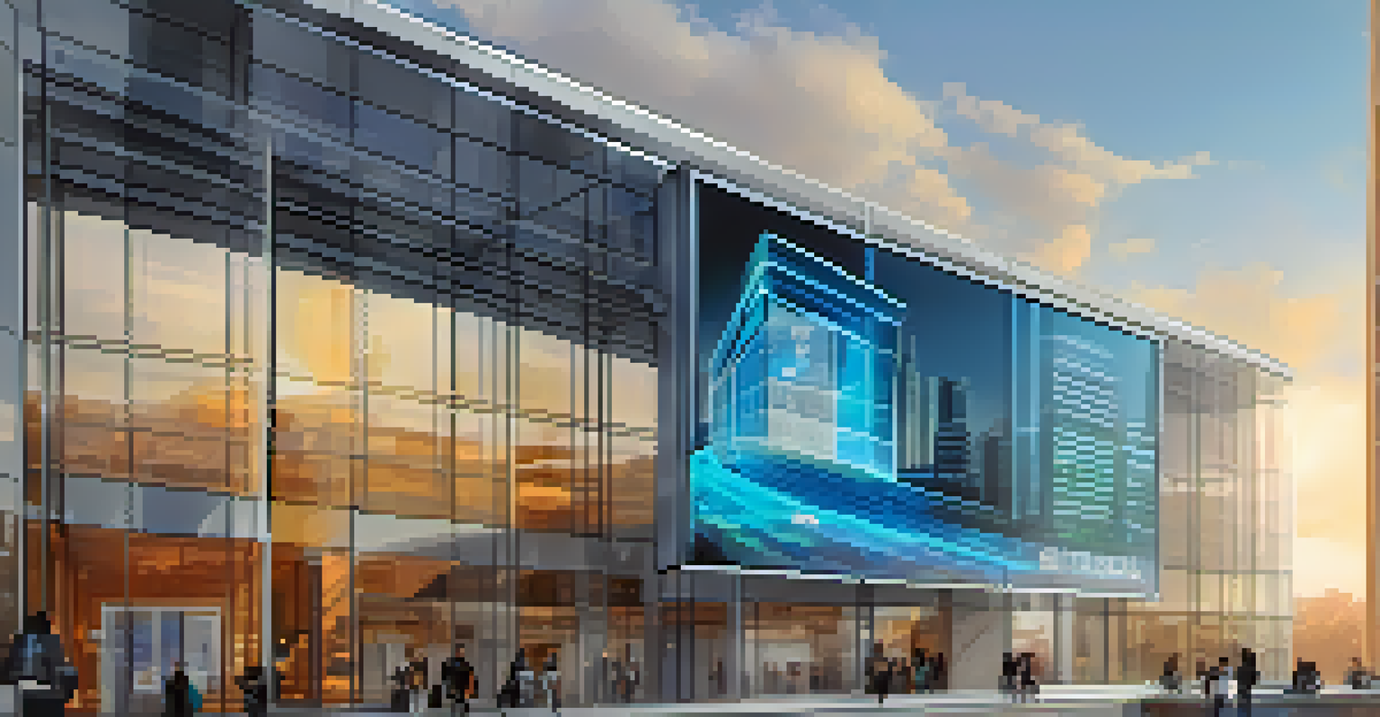 A modern bank building with a digital screen showing Bitcoin graphics, set against a skyline and bright sky.