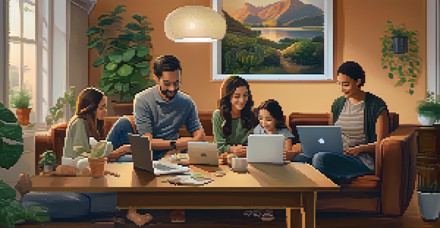 A family discussing financial plans at a table with a laptop showing a Bitcoin wallet, in a cozy, warmly lit room.