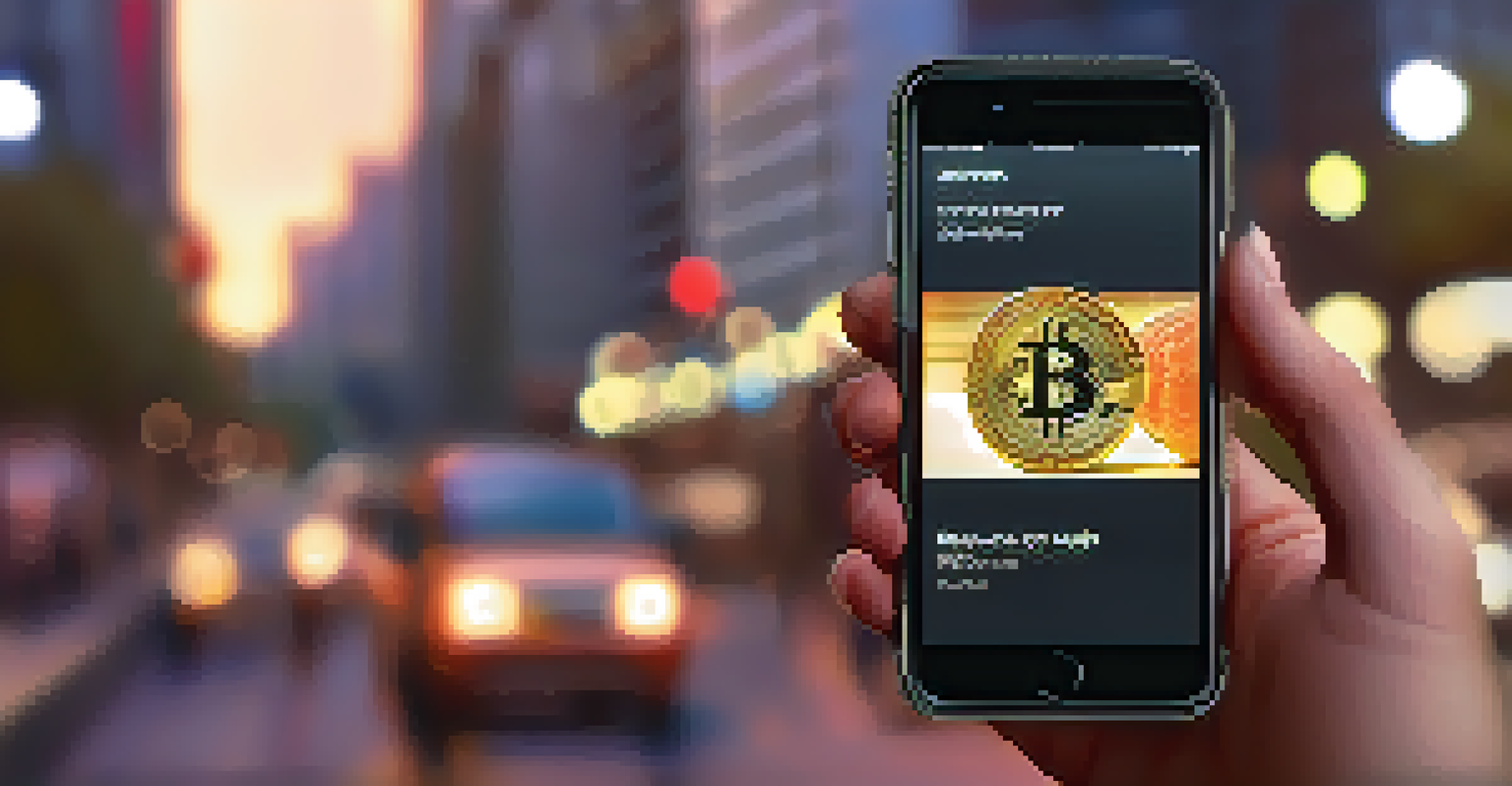 A close-up of a hand holding a smartphone showing a Bitcoin wallet app, with a blurred city street in the background.