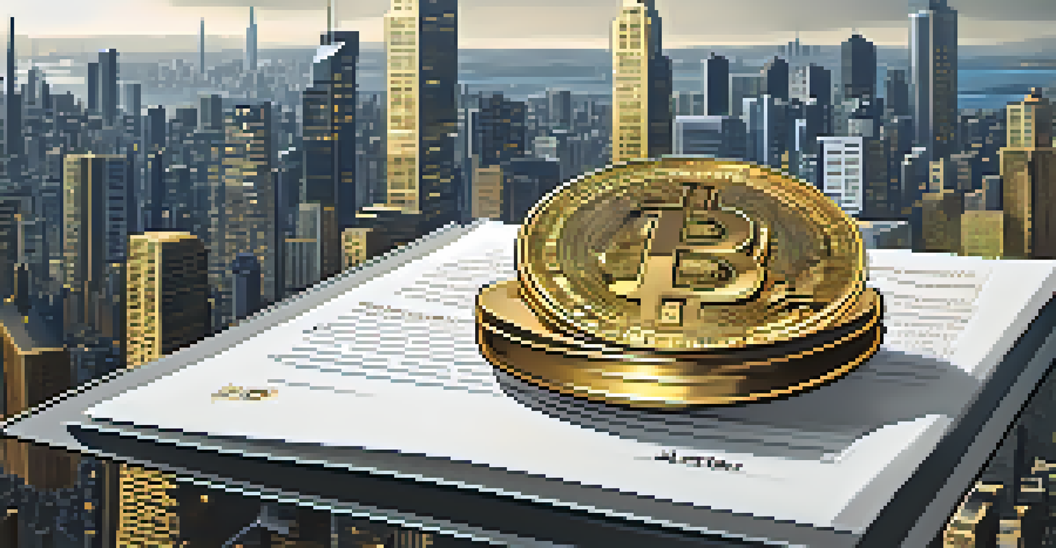 An abstract image of a balance scale with Bitcoin symbols and legal documents, against a city skyline with binary code overlay.