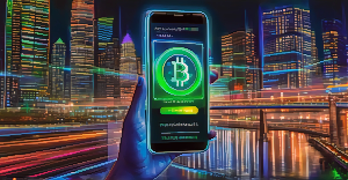 A smartphone screen showing a digital Bitcoin wallet with a public key and cryptographic signature, against a blurred cityscape at night.