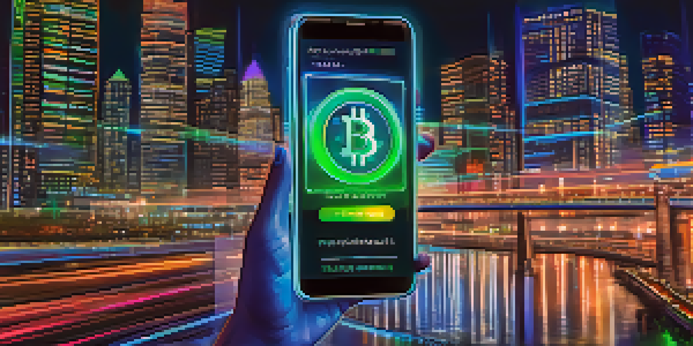 A smartphone screen showing a digital Bitcoin wallet with a public key and cryptographic signature, against a blurred cityscape at night.