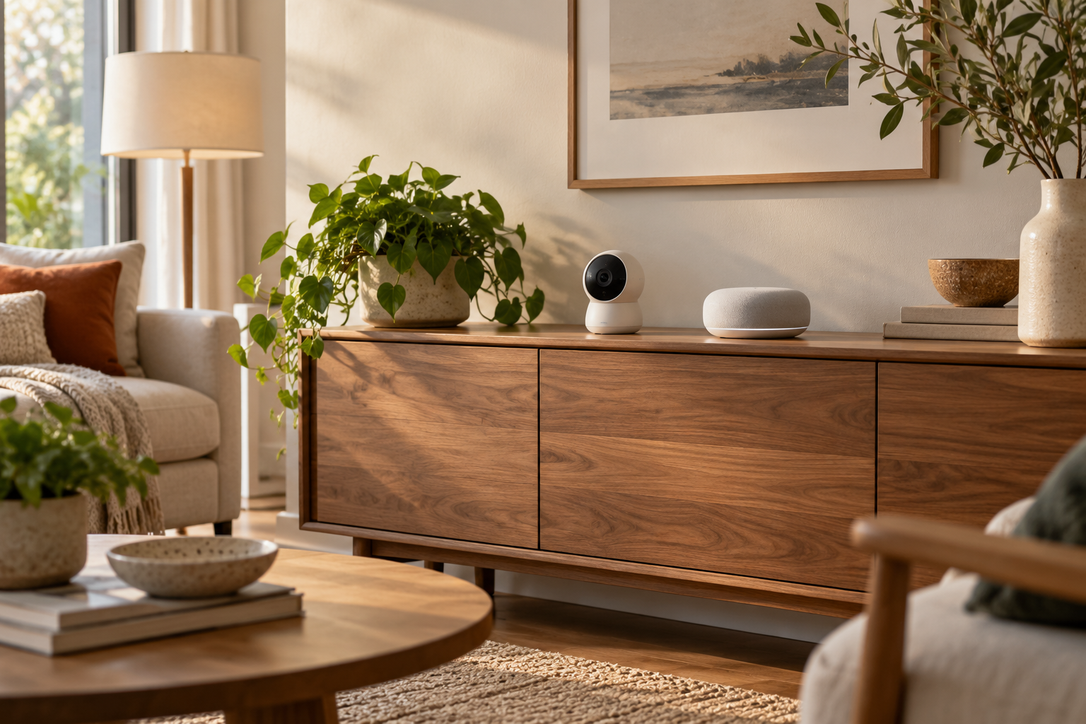 AI-generated illustration of a generic indoor camera and smart-home hub on a wooden sideboard.