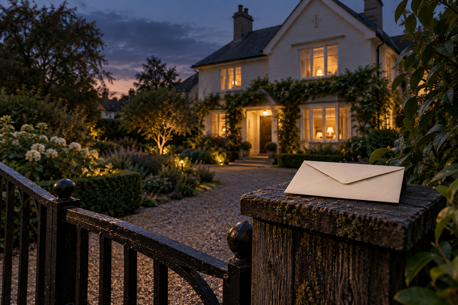 A blank closed envelope on a wooden gatepost outside a fictional suburban house with glowing windows at dusk.