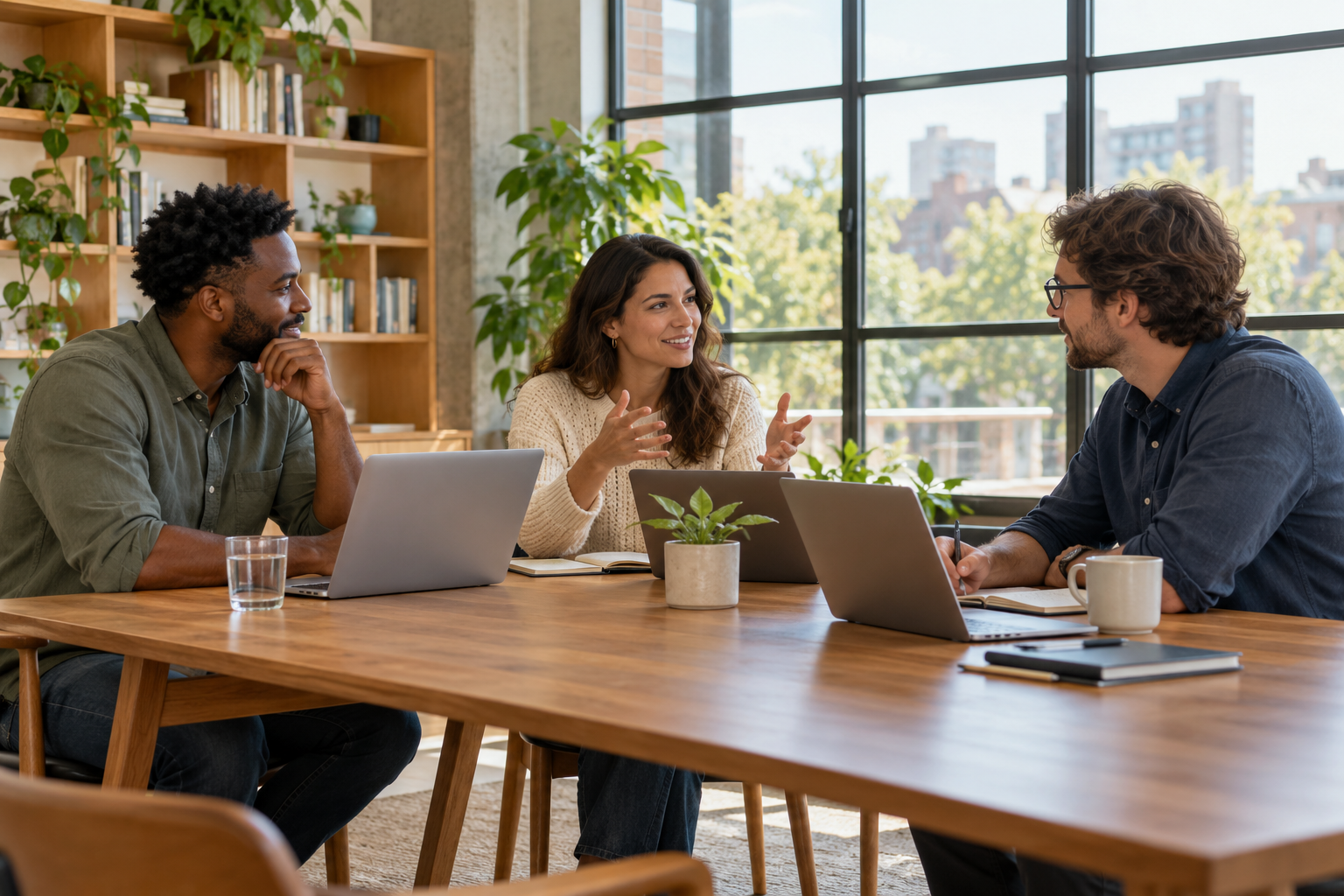 AI-generated illustration of three colleagues discussing work around a table with laptops.