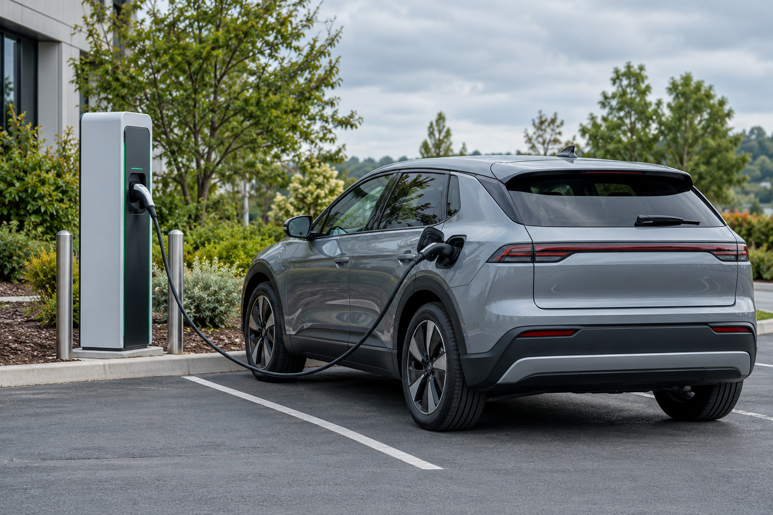 AI-generated illustration of a generic electric car connected to a charging station in a landscaped parking area.
