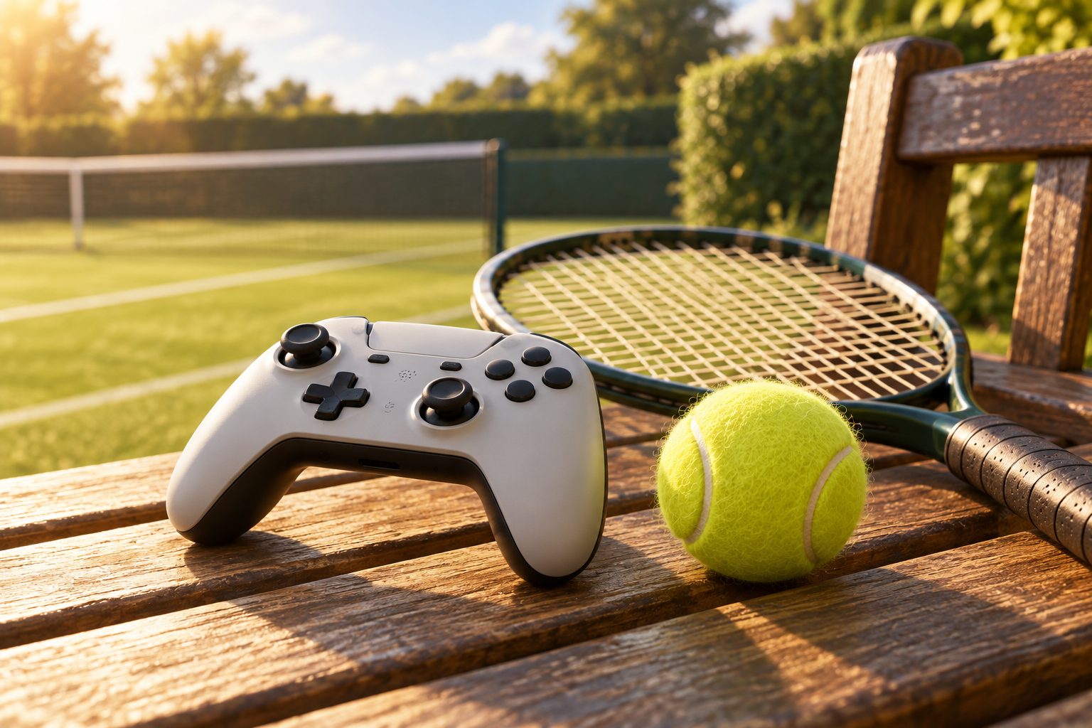 An unbranded game controller beside a tennis ball and racket on a grass-court bench.