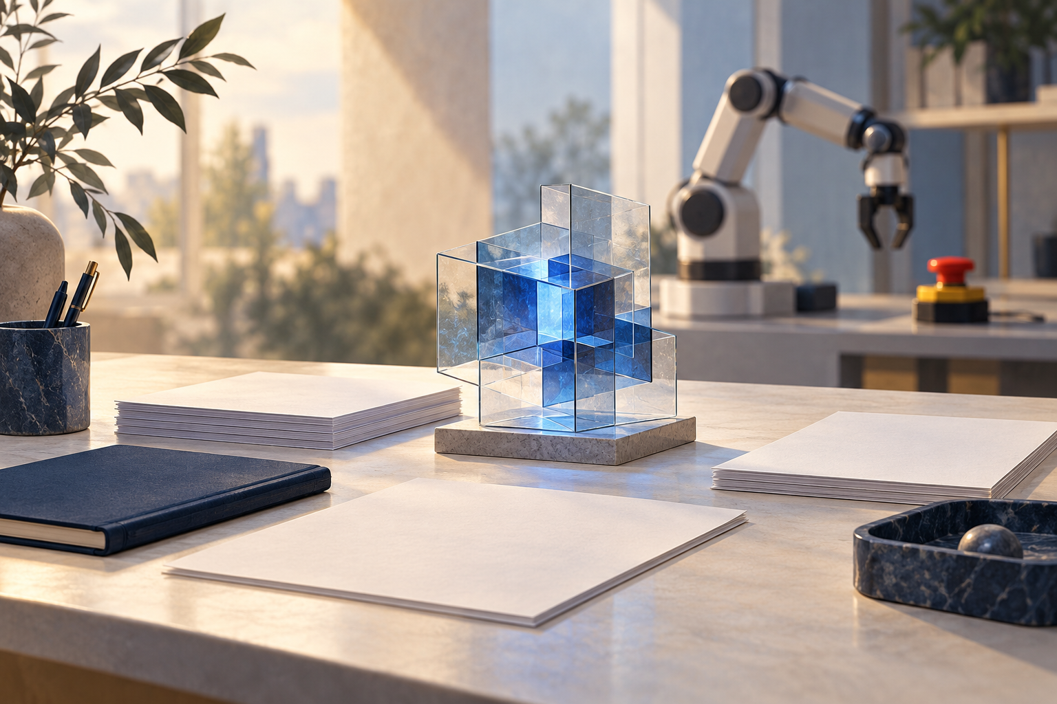 Blank documents and a blue glass structure sit on a desk, with a generic robotic arm and red stop button in the background.