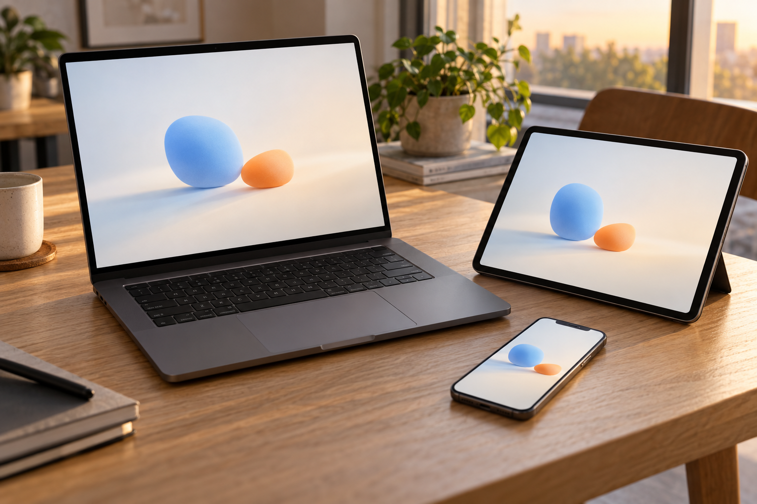 AI-generated illustration of a laptop, tablet, and phone displaying matching blue and orange shapes on a sunlit wooden desk.