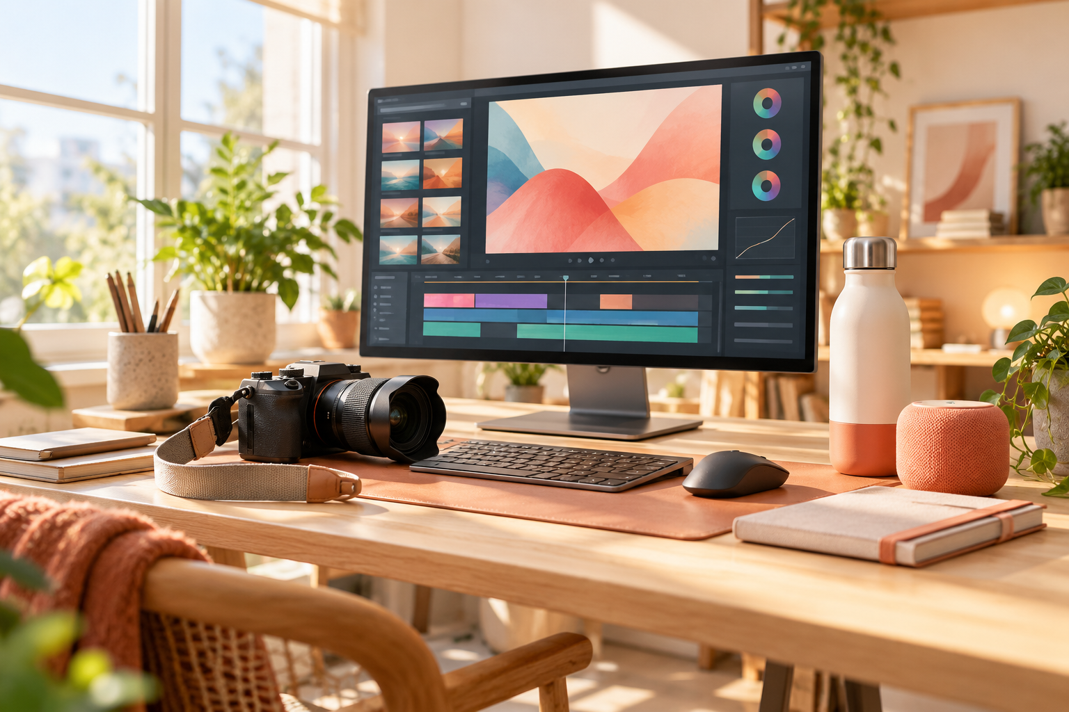 An unbranded camera, abstract editing monitor and everyday products on a bright wooden creator's desk.