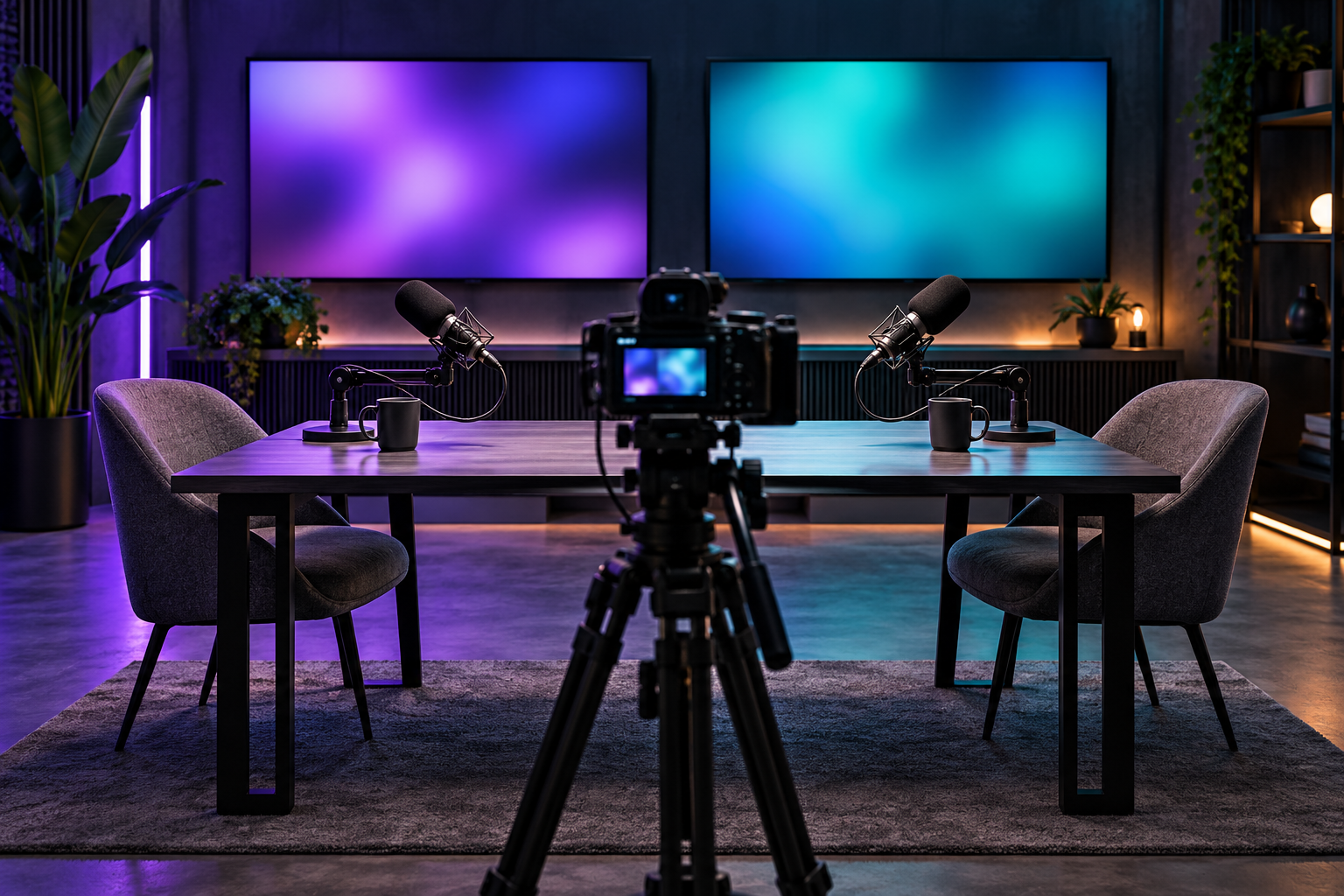 A camera on a tripod faces two microphones in an empty livestream studio lit in violet and teal, with abstract video panels behind.