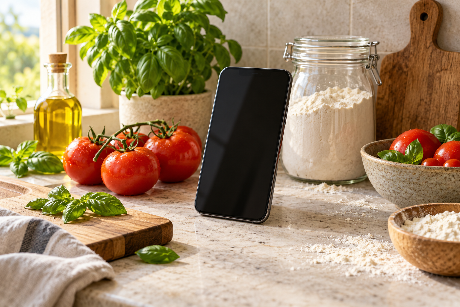 AI-generated illustration of an unbranded phone beside tomatoes, basil and flour on a kitchen counter.