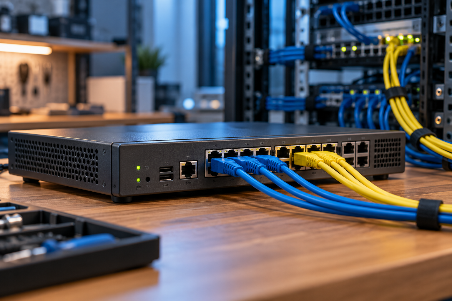 Generic wired router with blue and yellow Ethernet cables on a network administrator’s workbench.