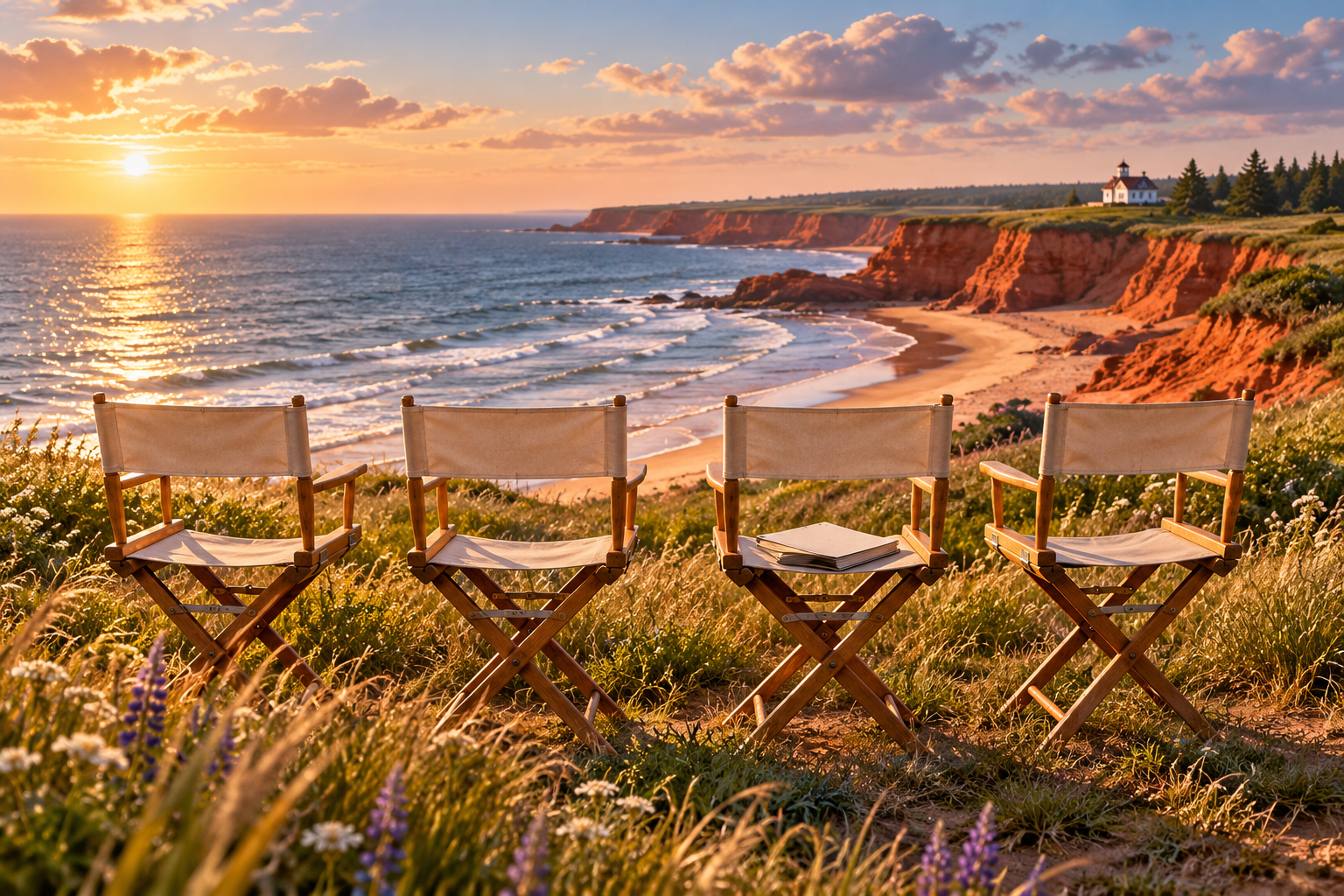 Four empty casting chairs overlook a sandy coastline with red cliffs in warm summer light.