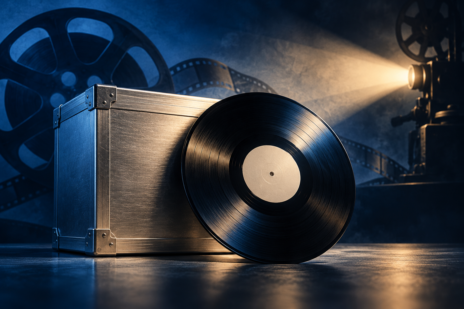 Conceptual illustration of an unlabelled vinyl record beside a plain silver archive case and a film projector.