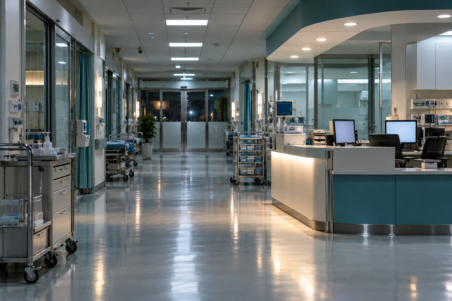 AI-generated illustration of an empty hospital emergency department corridor and clinical workstation.
