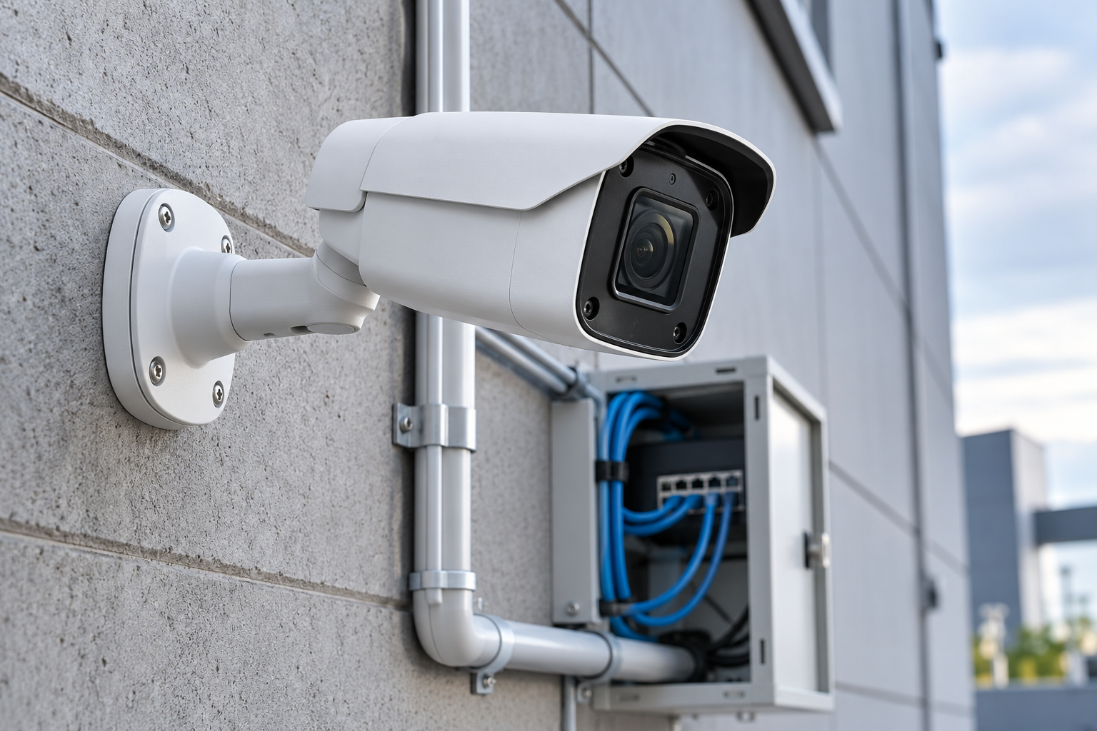 Generic wall-mounted surveillance camera beside network conduit and an enclosure containing Ethernet cables.
