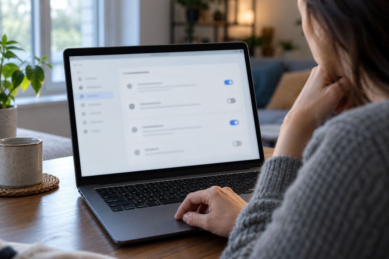 Over-the-shoulder view of a person reviewing a blurred settings-style screen on a laptop, with one hand by the trackpad.