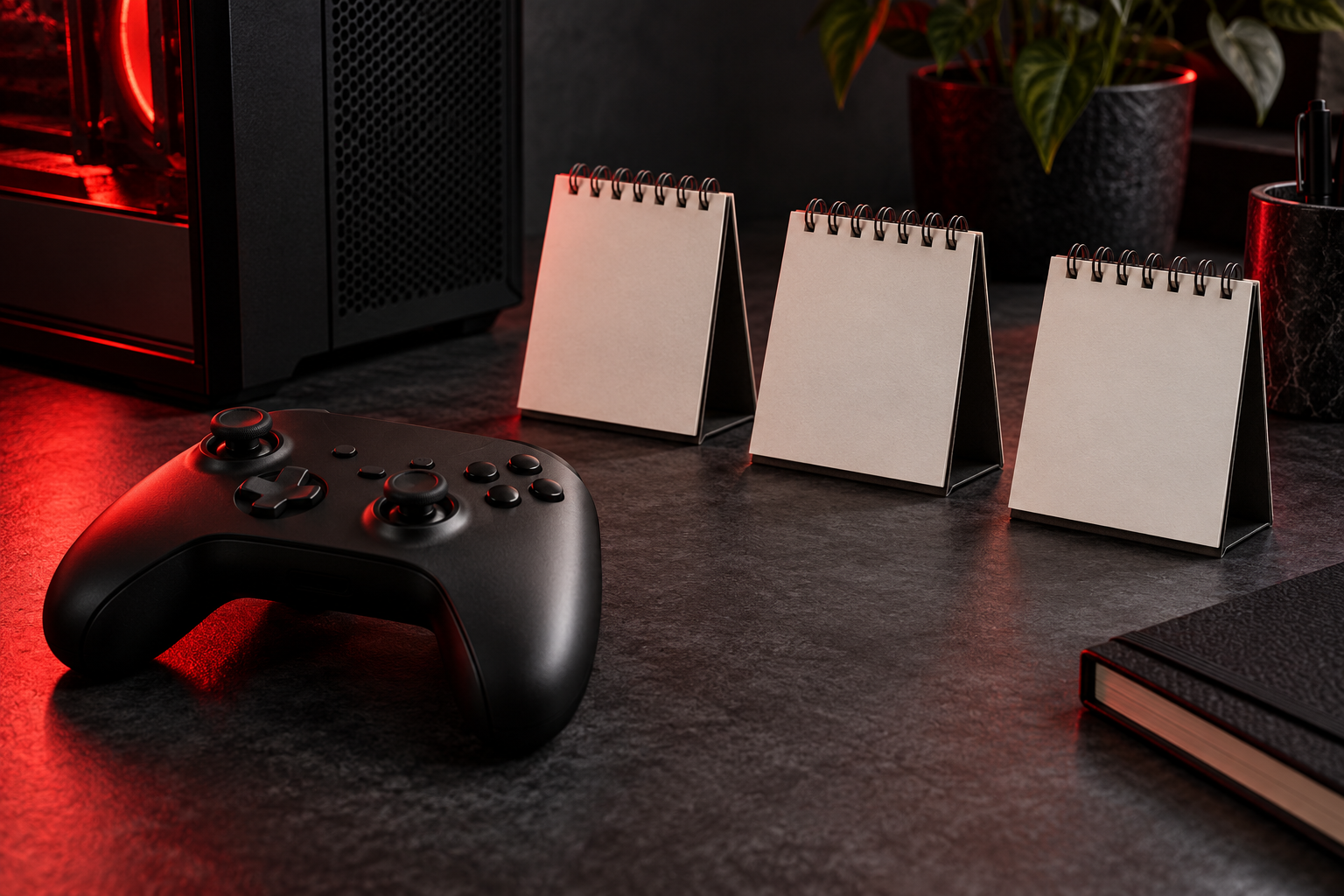 An unbranded black game controller beside three blank desk calendars and a desktop PC in muted red light.