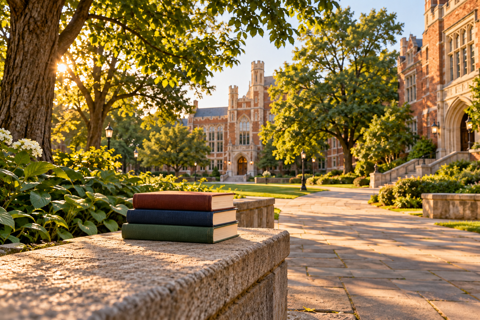 Three plain clothbound books on a stone bench beside a sunlit path through a fictional leafy university campus.