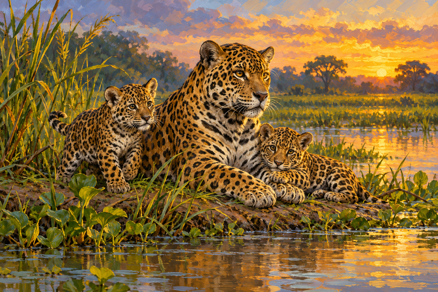 A painterly illustration shows an adult jaguar and two cubs beside water in a wetland.