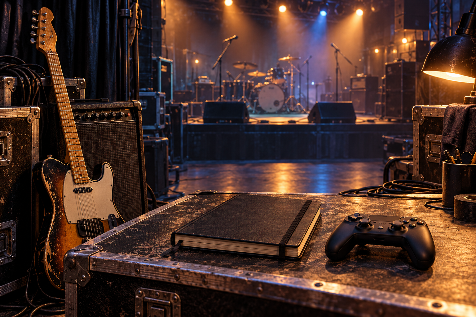 A guitar, amplifier, closed notebook and generic game controller sit beside an empty fictional music stage.